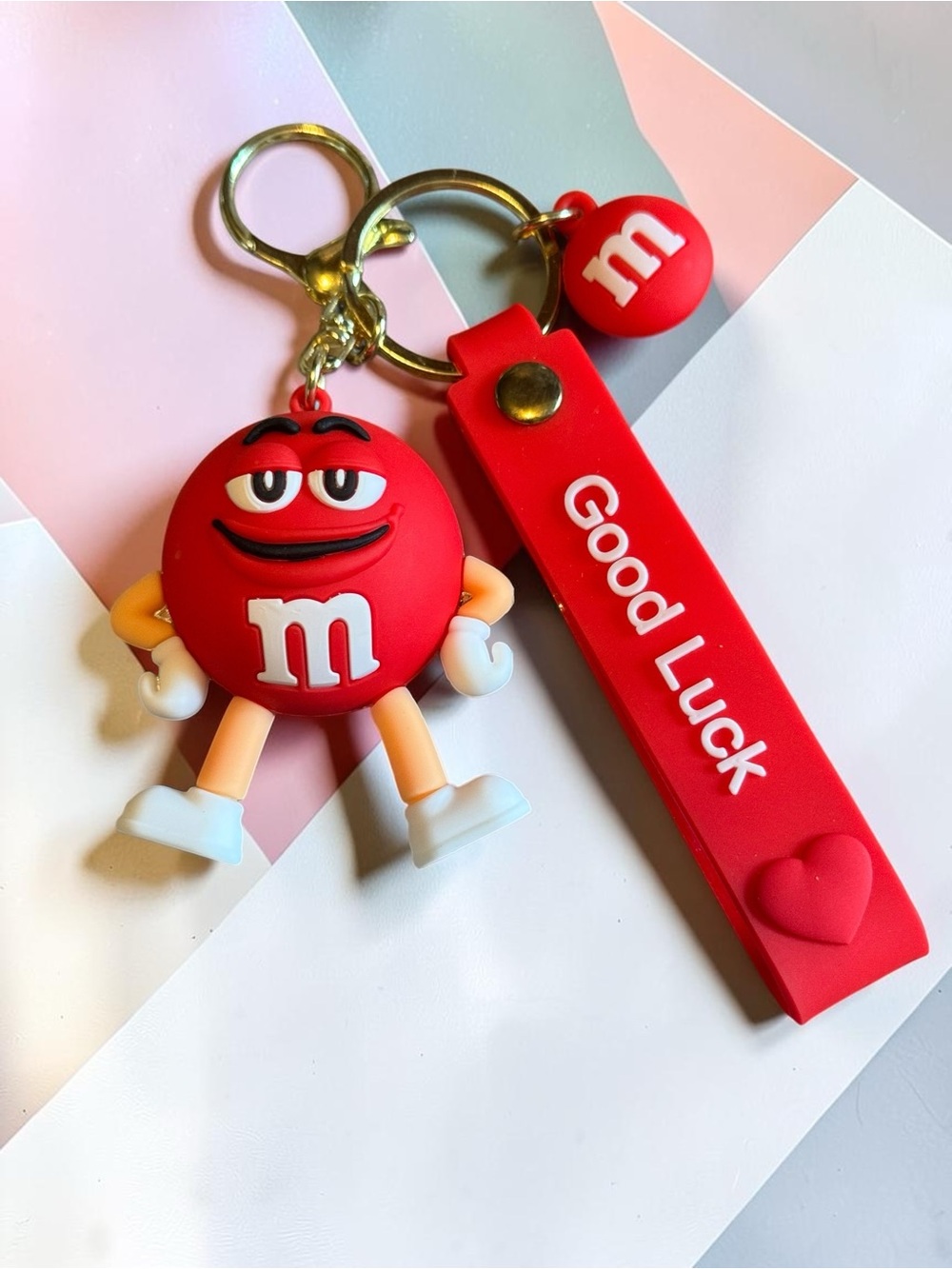 M&M's Red Character Keychain with "Good Luck" Tag